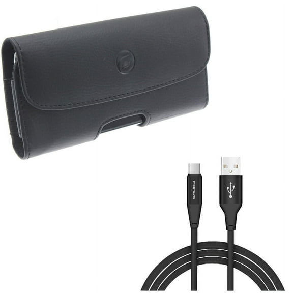 Type-C 10ft USB Cable w Leather Case Belt Clip for Samsung Galaxy S10 Plus - Charger Cord Power Wire, Holster Cover Loops Y4V