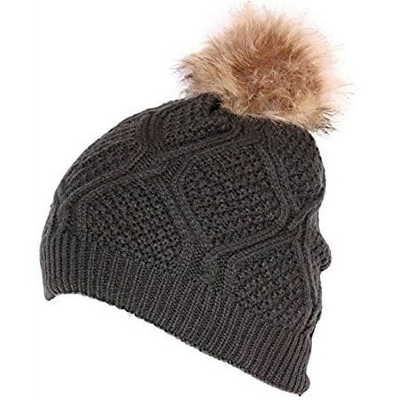 Beaute Fashion Adult Women Pom Beanie Hat with Faux Fur Pom Pom Fleece Lined, USA COMPANY (Dark Gray)