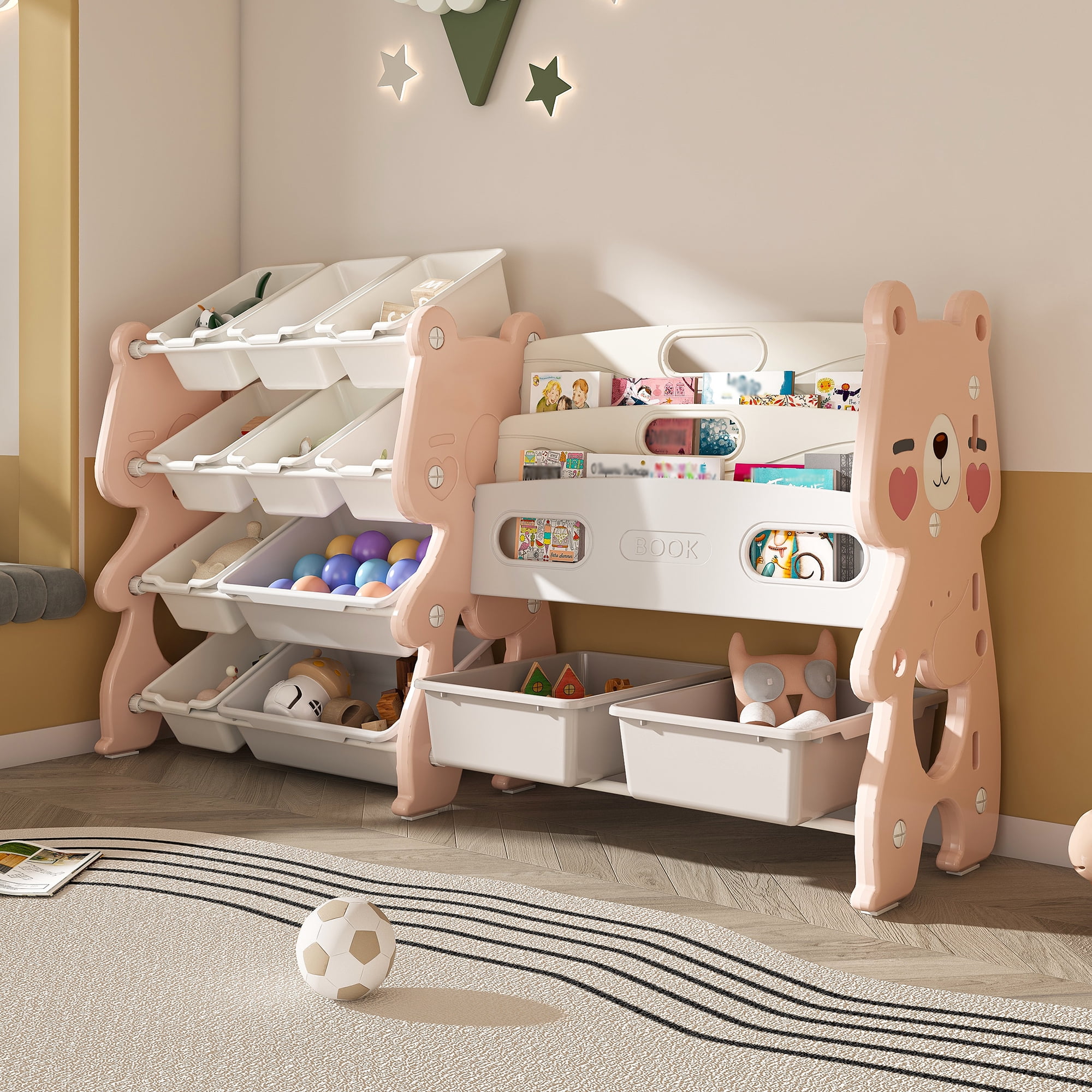 Kids Toy Storage Organizer with 12 Removable Toy Bins, Toy Organizer with 2 Tier Bookshelf for Playroom, Kids Room, Bedroom, Classroom