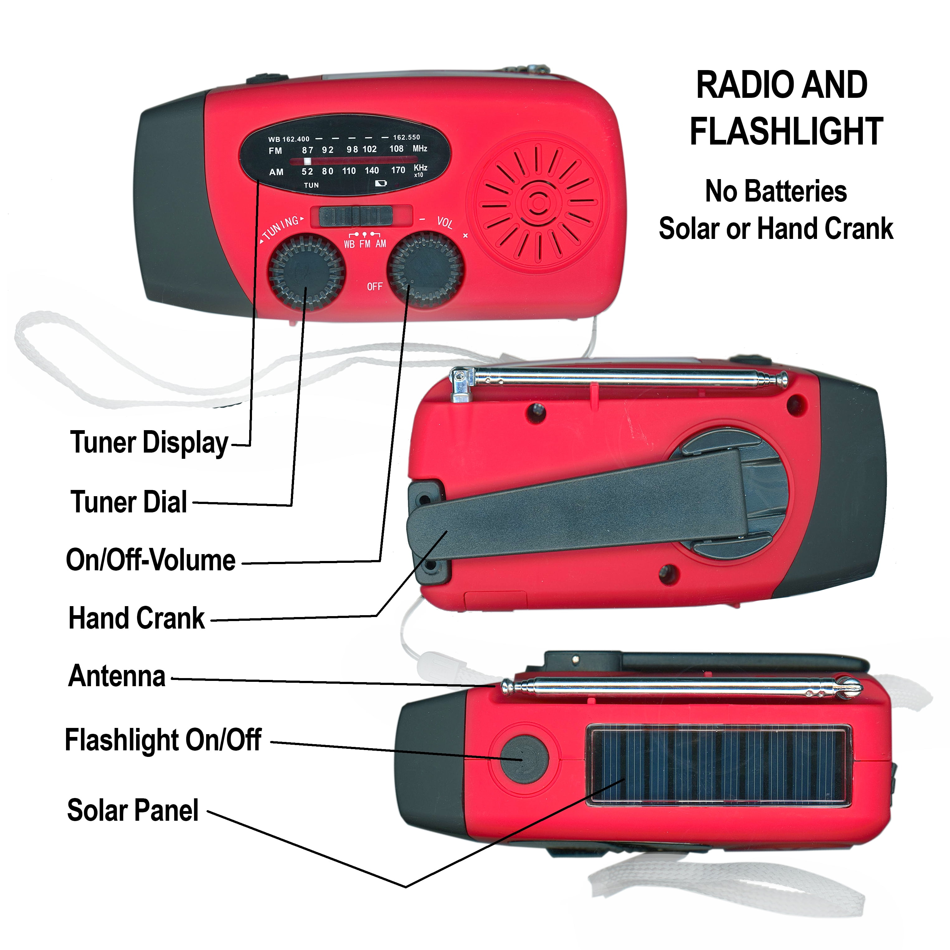 US Survival Solutions Hand Crank Radio - Flashlight for Emergency | Self Powered AM/FM | Portable Weather Radio with 2000mAh - Power Bank Cell Phone Charger, USB Rechargeable for Camping, Emergency