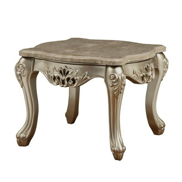 Marble Top Wooden End Table With Queen Anne Style Legs Champagne Gold Com Wooden End Table With Queen Anne Style, Queen Anne End Tables