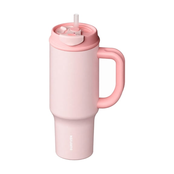 SURFVEN 40 oz Double Wall Insulated Stainless Steel Tumbler with Handle, Leakproof 2-in-1  Straw Lid, Pink