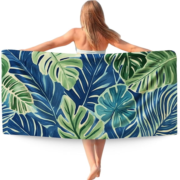 Tropical Monstera Leaf Beach Towel, Tropical Palm Floral Beach Towels Oversized Gifts for Women Men, Blue and Green Quick Dry Travel Sand Free Towel Decor for Bathroom Swimming Pool 31x63in