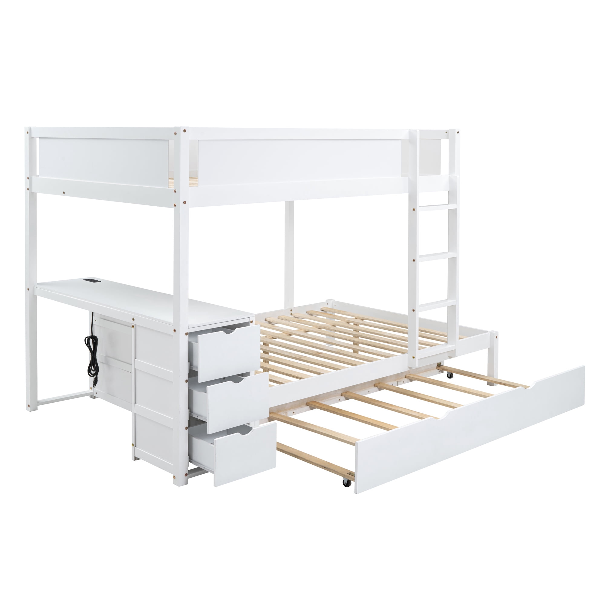 Full-Over-Full Bunk Bed with Twin size Trundle and 3 Storage Drawers, Solid Wood Floor Bunk Bed with Desk, Ladder and Guardrails for Kids Teens Adults