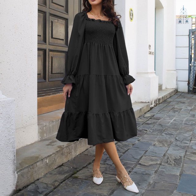Plus Size Formal Dresses Women Wedding Guest Knit Ruffle Trim Square Neck Sleeve Layered Flare Hem Dress Beach Plus Size Wedding Guest Dress Black M