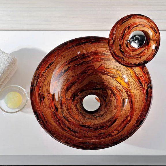 Anzzi LS-AZ061 Stanza Series Deco-Glass Vessel Sink in Lustrous Brown with Matching Chrome Waterfall Faucet