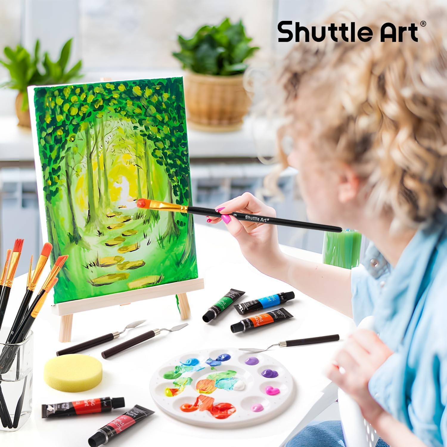 Shuttle Art 54 Pack Acrylic Paint Set, Acrylic Painting Set with 30 Colors Acrylic Paint, Wooden Easel, Painting Canvas, Paint Brushes, Palette, Art Painting Supplies for Adults Beginner Artists