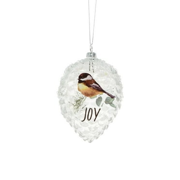 Starlight Collection, Clear Glass Hanging Glittered Drop Frame Ornament with a Chickadee on a Branch (Pack of 3)