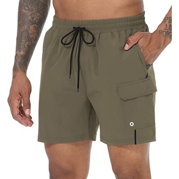 QPNGRP Men's Beach Swim Trunks Quick Dry Sports Fitness Shorts Drawstring Zipper Pockets and Mesh Lining Khaki 30
