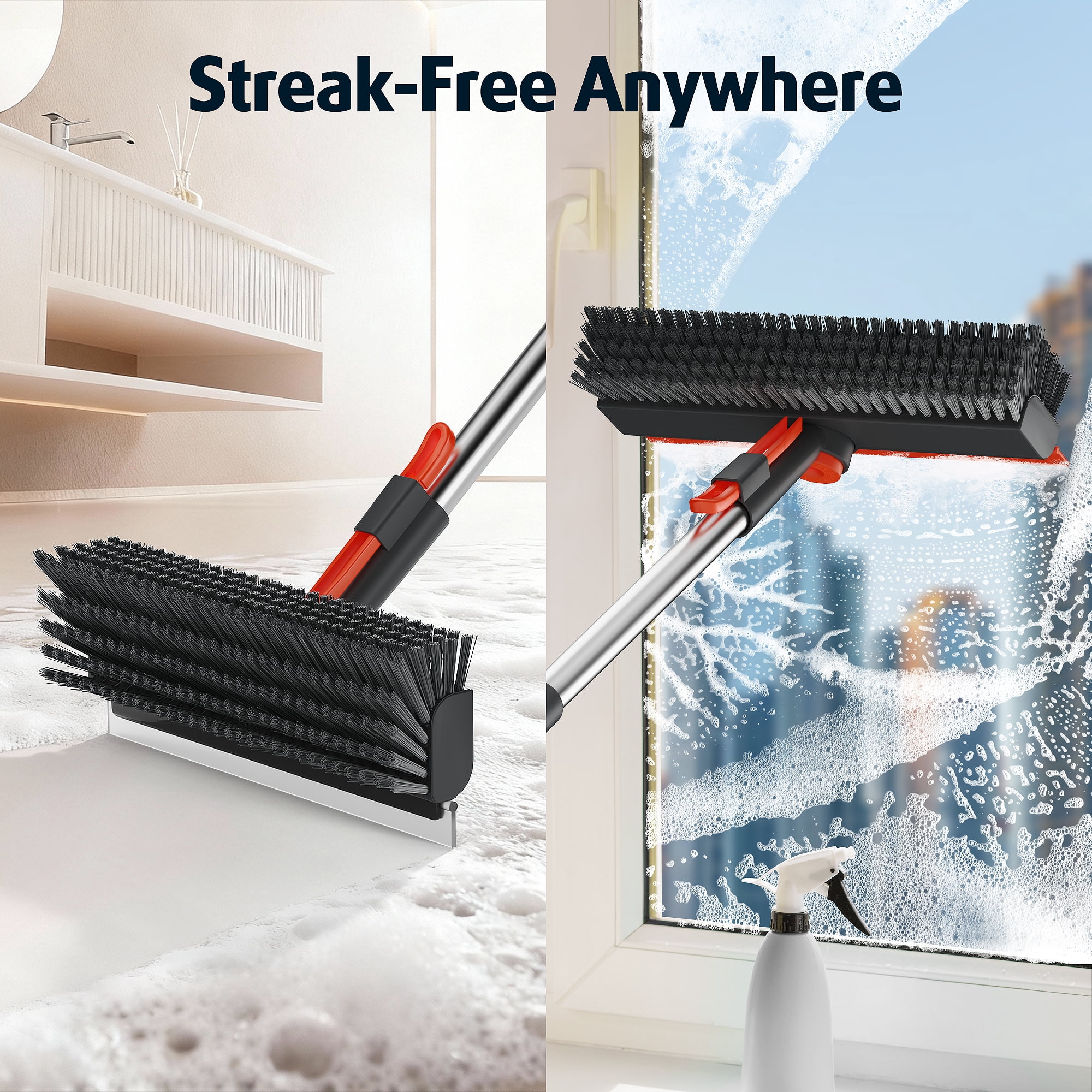 Floor Scrub Brush 3 in 1 Scrape and Heavy-Duty Stiff Bristle Scrubber Brush for Cleaning Shower Bathroom, Patio, Garage, Kitchen, Wall and Deck with Long Handle