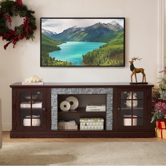 70" W Modern TV Stand with Realistic Stacked Stone Surround, Large Entertainment Center for TVs Up to 75", Storage Cabinets and Glass Doors, TV Console Table for Living Room