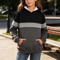 thumbnail image 4 of Girls Color Block Hooded Sweatshirt, Long Sleeve Pullover Hoodie with Front Kangaroo Pocket, Kids Loose Casual Striped Patchwork Tops for Spring Fall Black 5-6 Years, 4 of 6
