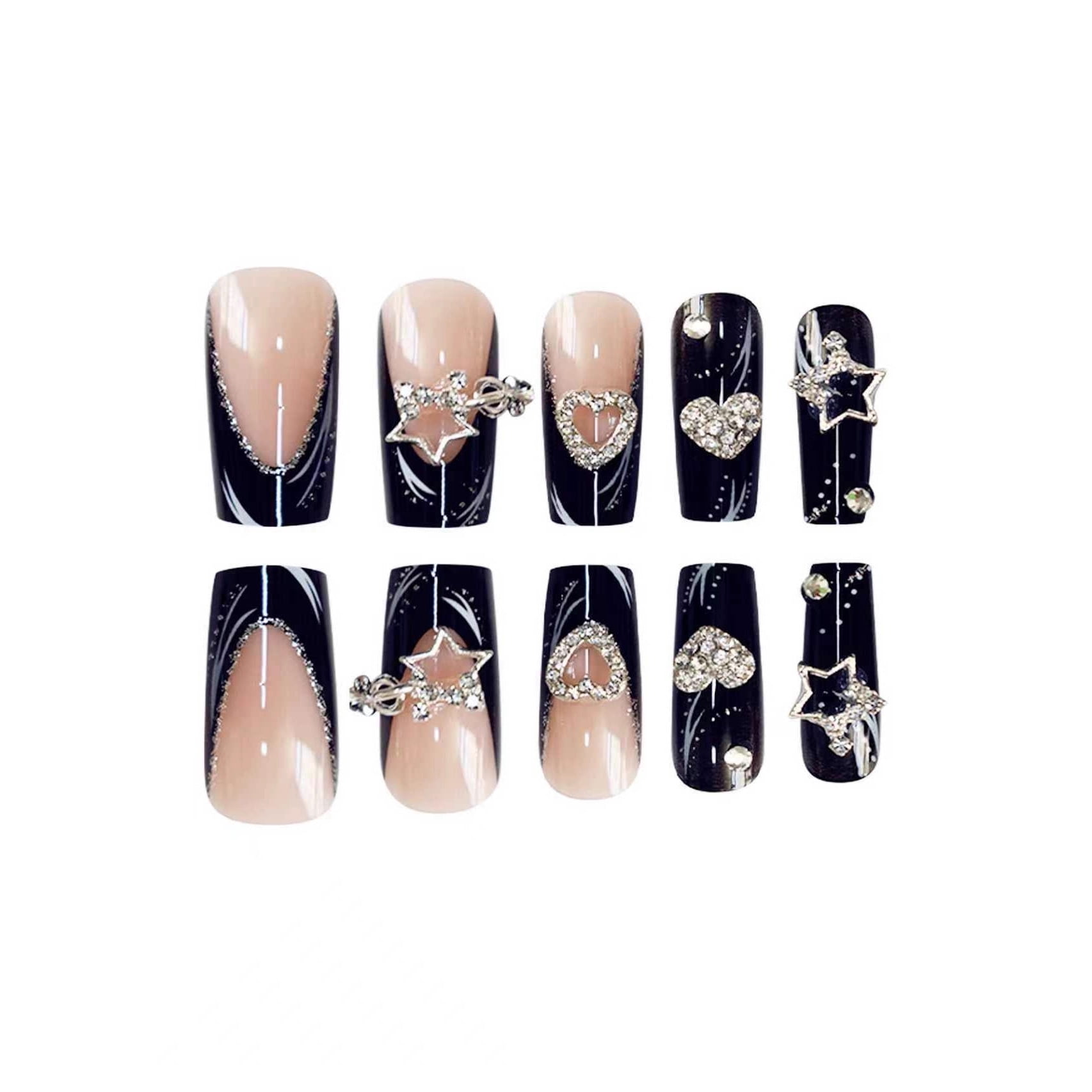Cross-border hot sale square fake nails pure desire black sweet love stars flash diamonds wearing nail pieces finished product wholesale