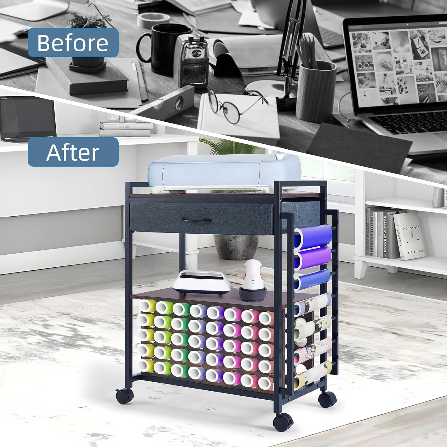 Organizers and Storage Compatible with Cricut Machines Rolling Craft Storage Cart with 47 Vinyl Roll Holders for Craft Rooms Home Removable Patent Protected 001 Black Wood Grain