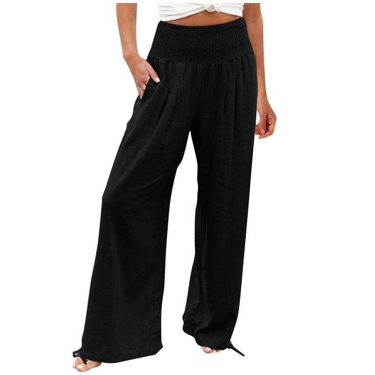 JWZUY Womens Summer Casual Trouser Elastic High Waist Full Pants Solid  Cotton Linen Pant Wide-Leg Pant Straight Pants Black S 