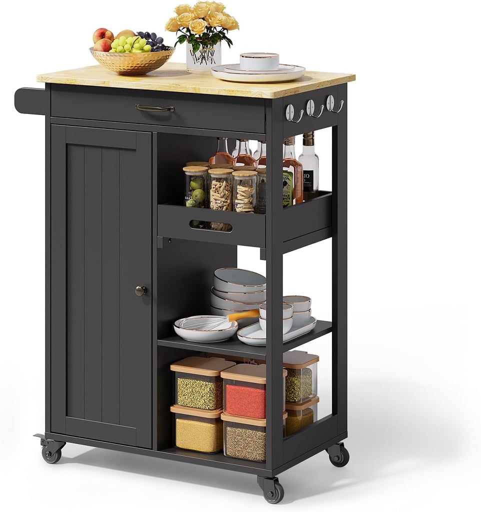 Aiho Kitchen Island Cart on Wheels with Towel Bar and Hooks, Rolling Mobile Serving Utility Cart with Drawer and Adjustable Shelves, Black