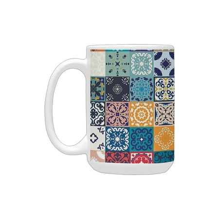 

Moroccan Decor Mega Patchwork Pattern With Different Colorful Arabic Figures Original Tunisian Artfu Ceramic Mug (15 OZ) (Made In USA)