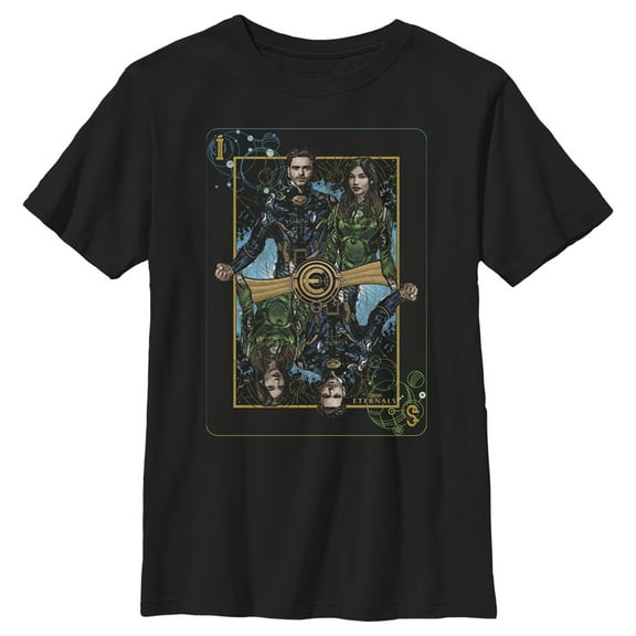Boy's Marvel Eternals Ikaris and Sersi Playing Card Graphic Tee Black X Large