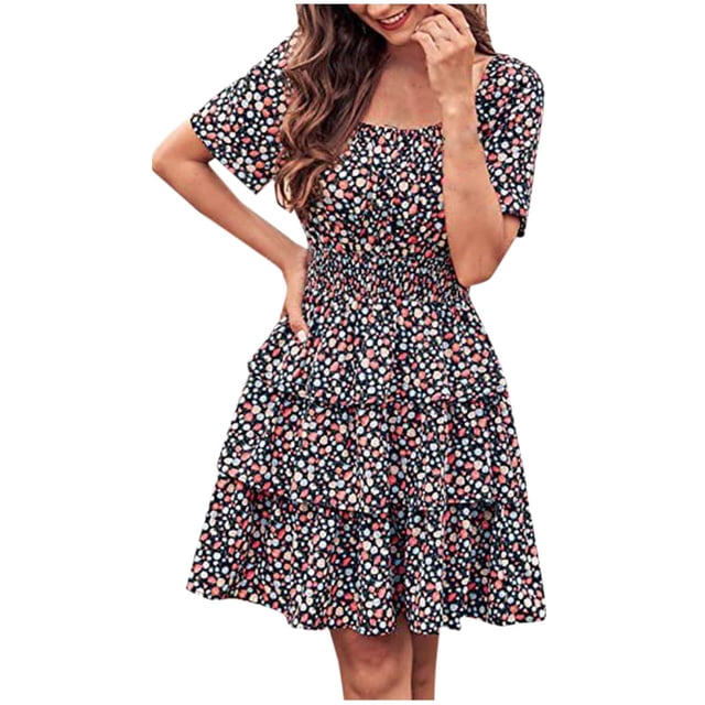 Birdeem Robes pour Femmes Robe d'Été Florale Populaire à Manches Courtes Superposée Plissée Bohème