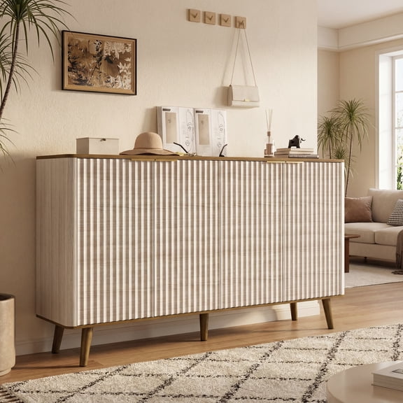 Prilinex 47"W Sideboard Buffet with Fluted Doors, Accent Pantry Storage Cabinet, 4-Door Kitchen Storage Server for Dining Room Living Room, Natural & Walnut