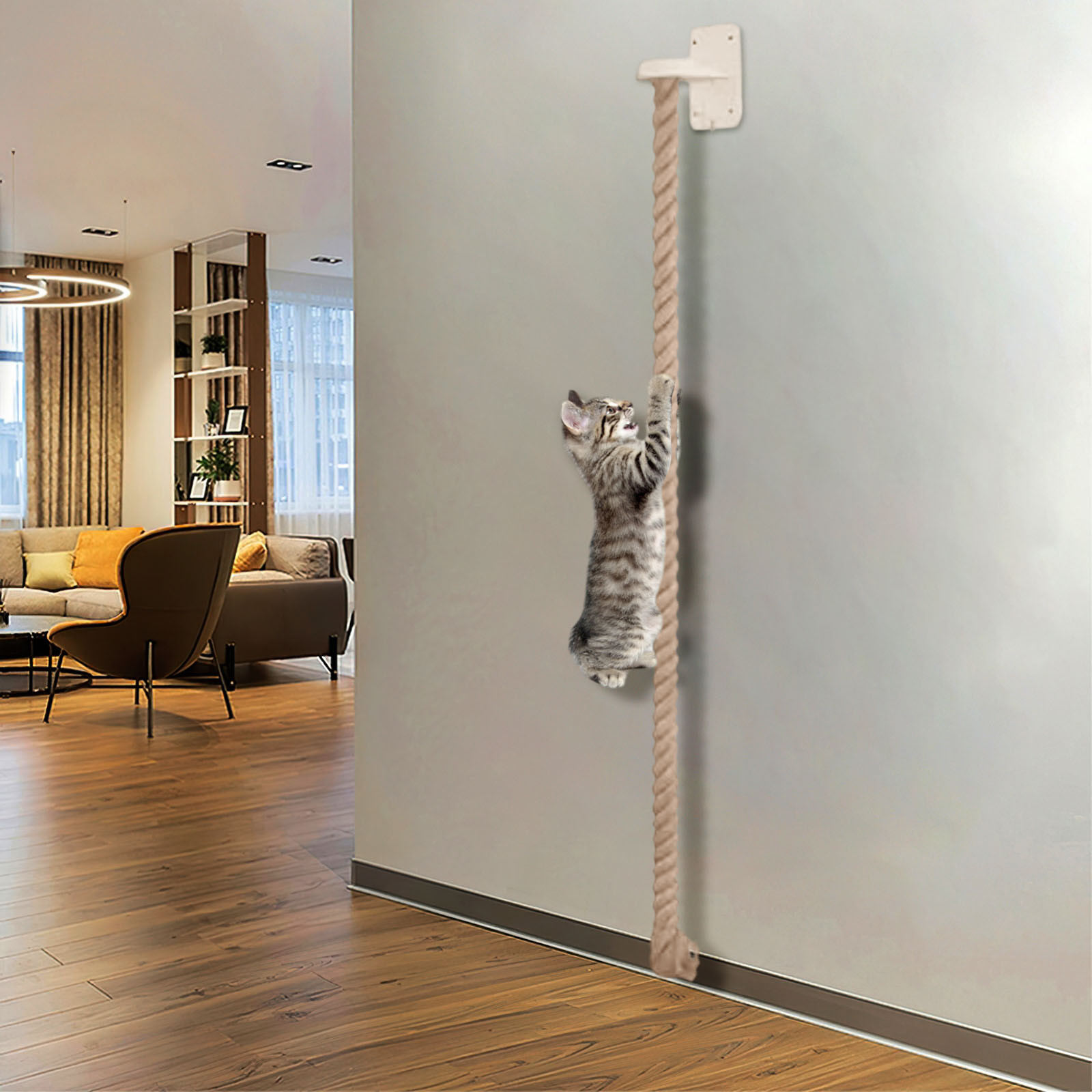 Wall Mounted Cat Climbing Rope & Ladder, Extra Wide Base Sisal Jute Rope Toy for Large Cats, Ceiling Mounted Kitten Scratching Pole for Indoor Outdoor Play, Jumping, Exercise, and Resting Perch