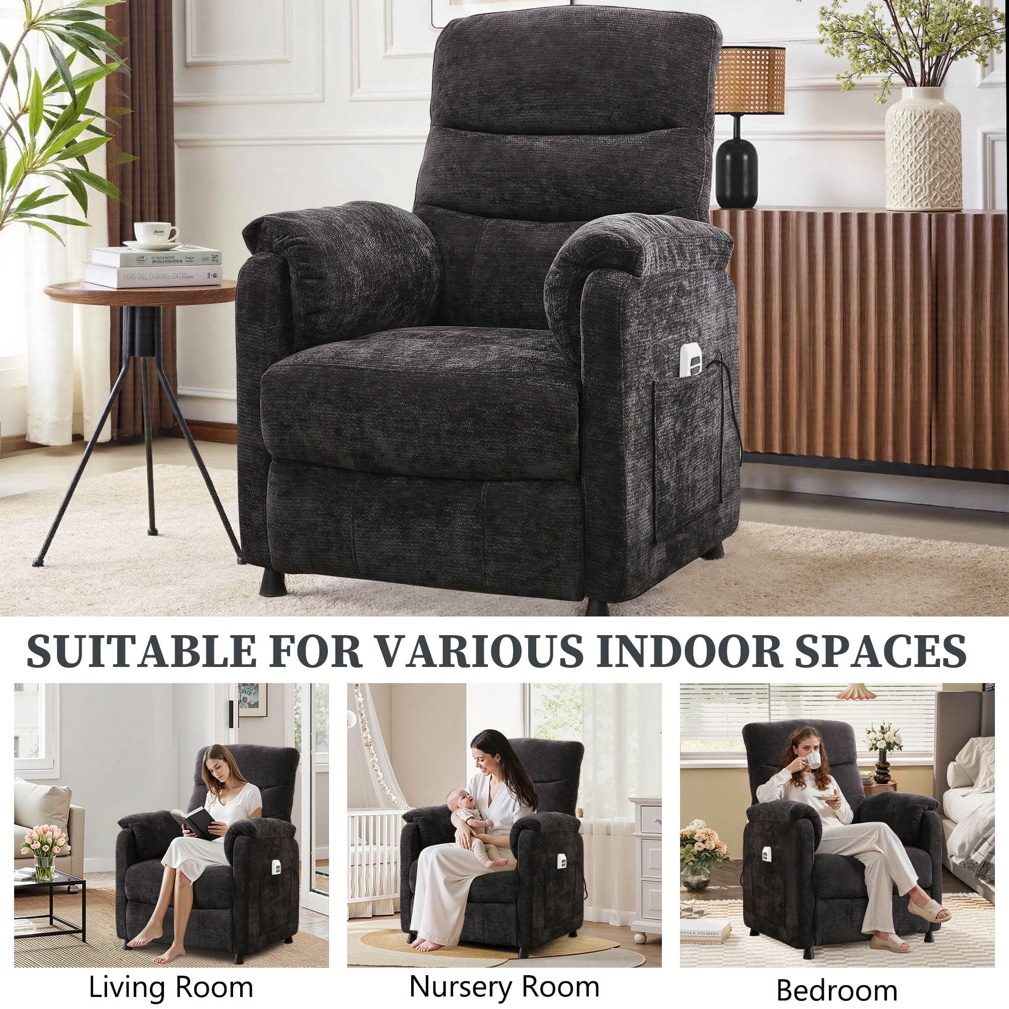 Electric Power Recliner Chair, Modern Chenille Fabric Recliner with Side Pocket & Remote, Nursery Recliner Chair for Living Room Small Space, Black
