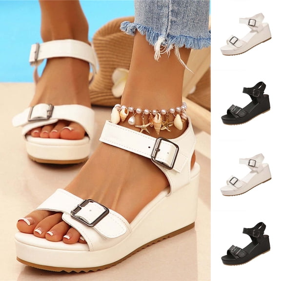 Miluxas Womens Platform Sandals Open Toe Ankle Strap Wedge Casual Sandal Chunky Sandals Comfortable Lightweight Lug Sole Wedges for Summer White 9.5(43)