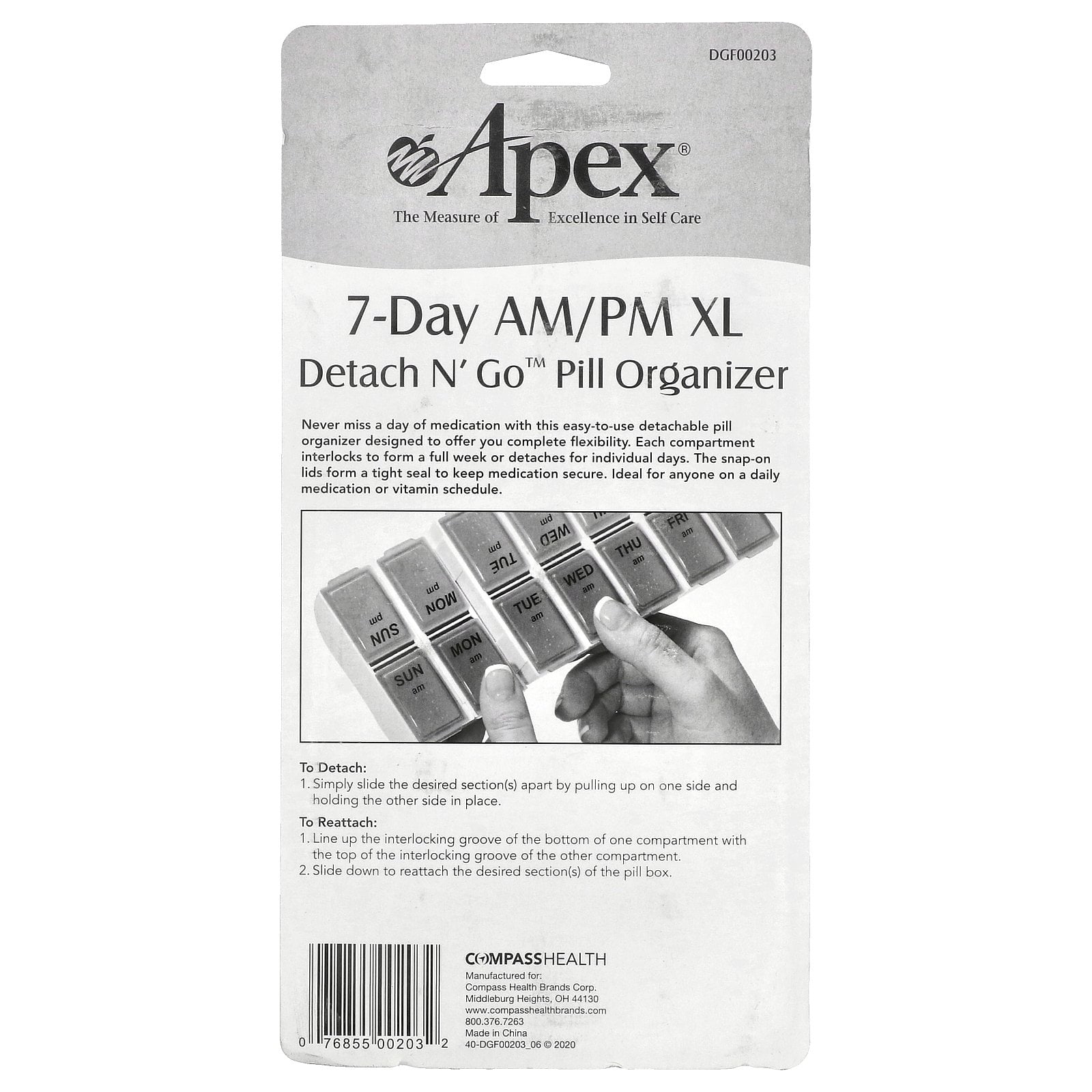 Carex Apex 7-Day AM/PM XL Detach N' Go Plastic Pill Organizer, 1
