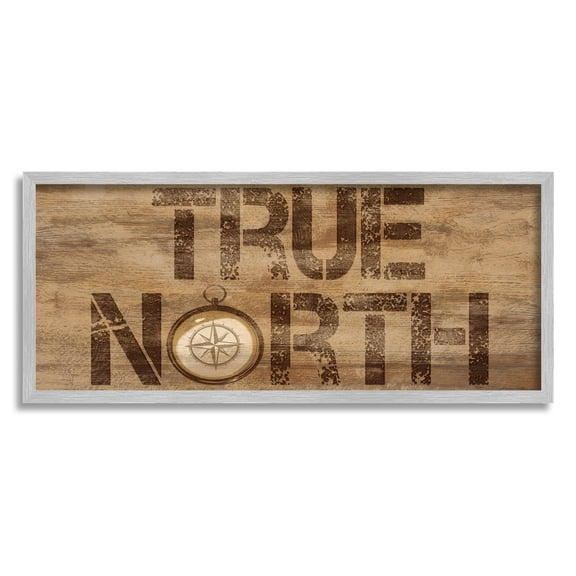 Stupell Industries Rustic True North Compass Nature Painting Gray Framed Art Print Wall Art, 24 x 10