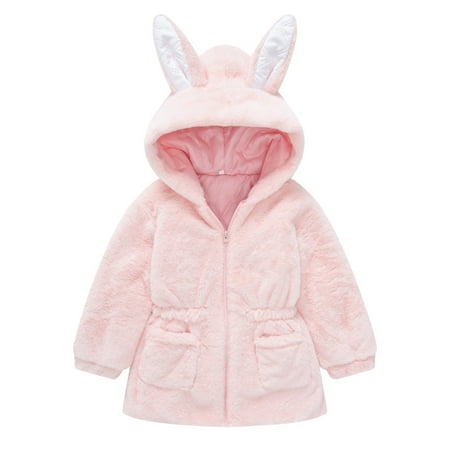 

Girls Winter Coat Rabbit Ears Hooded Jacket Fleece Zipper Thicken Windproof Warm Outwear For Babys Clothes Coat Winter Jacket for Kids Girls