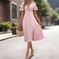 thumbnail image 2 of EASYBRAUS Chiffon Midi Dress V-Neck Short Sleeve Casual Leisure Pink S-XL, 2 of 6