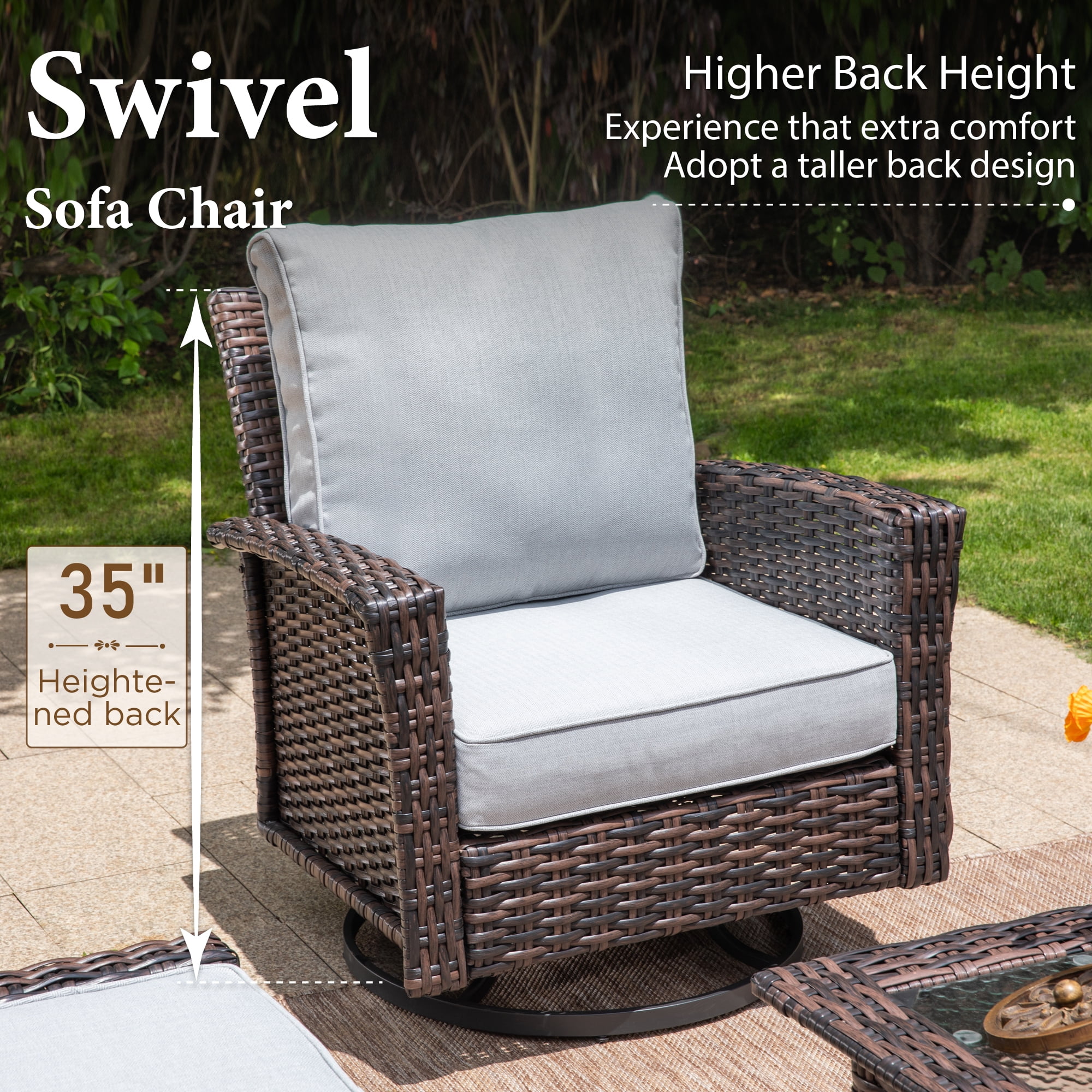 SUMMIT LIVING 7-Seat Wicker Outdoor Patio Furniture Set with Swivel Chairs & Ottomans, Metal Sectional Patio Conversation Set, Light Gray