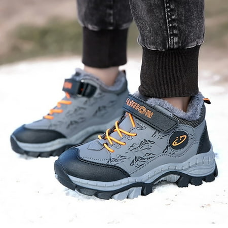 Xijirk Children Shoes Boys Leather Snow Boots Winter Cotton Plush and Thickened Non and Warm Big Kid Little Kid Hiking Shoes-Dark Gray-13