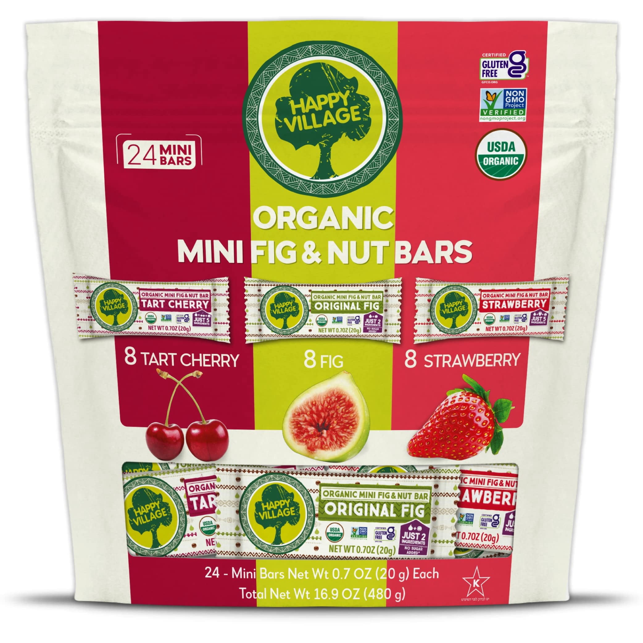 Happy Village Organic Mini Fig & Nut Bars, VARIETY (24 Packs, 0.7 OZ each), No Refined Sugar, Kosher, Non-GMO, Gluten Free, Vegan, Good Source of Fiber Snack Bars ( 8 Tart Cherry, 8 Fig, 8 Strawberry)