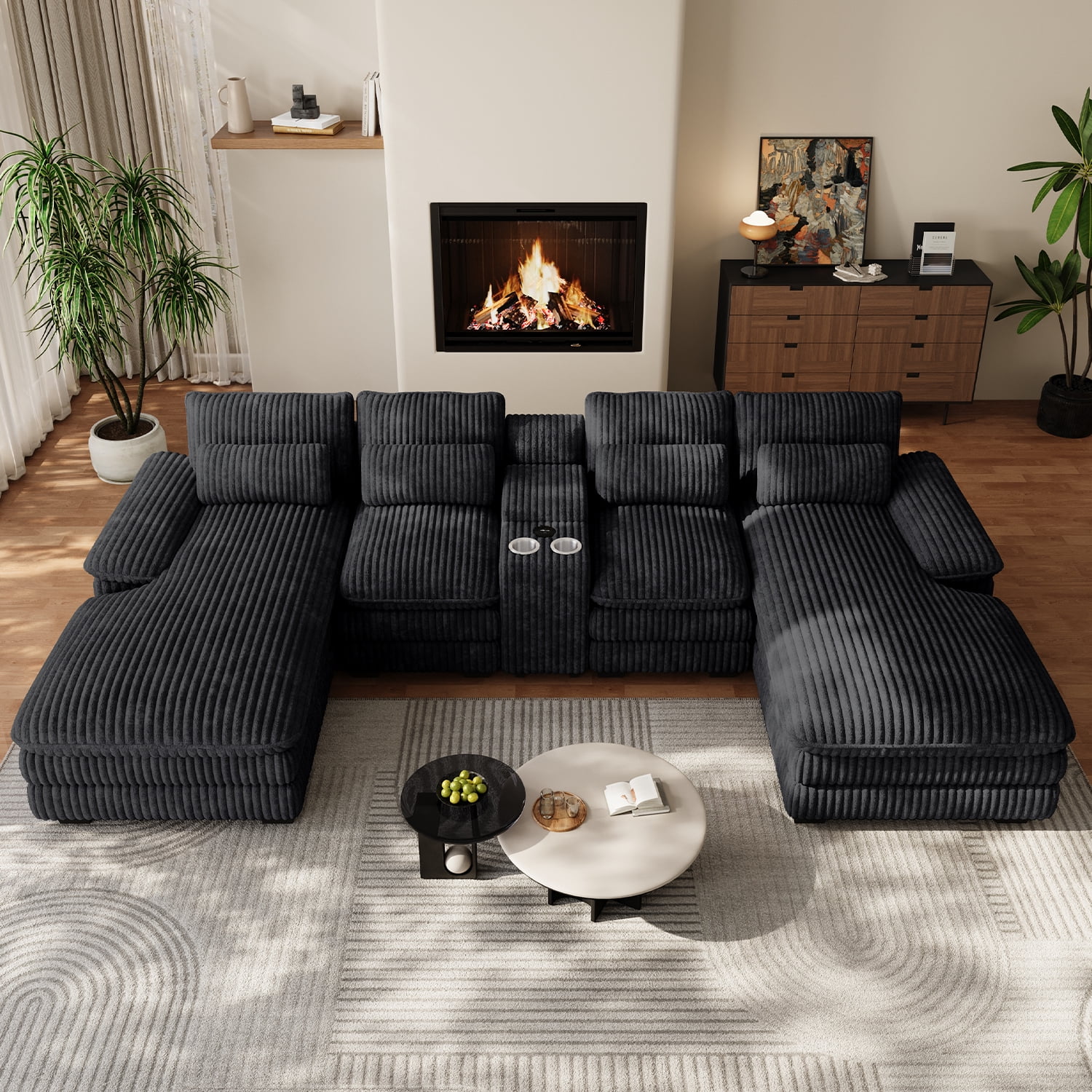 Wiilayok 133" U Shaped Cloud Couch Modular Sectional Couches for Living Room Comfy Corduroy Deep Seat Sofa Set with Double Chaise Lounge, Storage Central Console, Cup Holders, USB Port, Black
