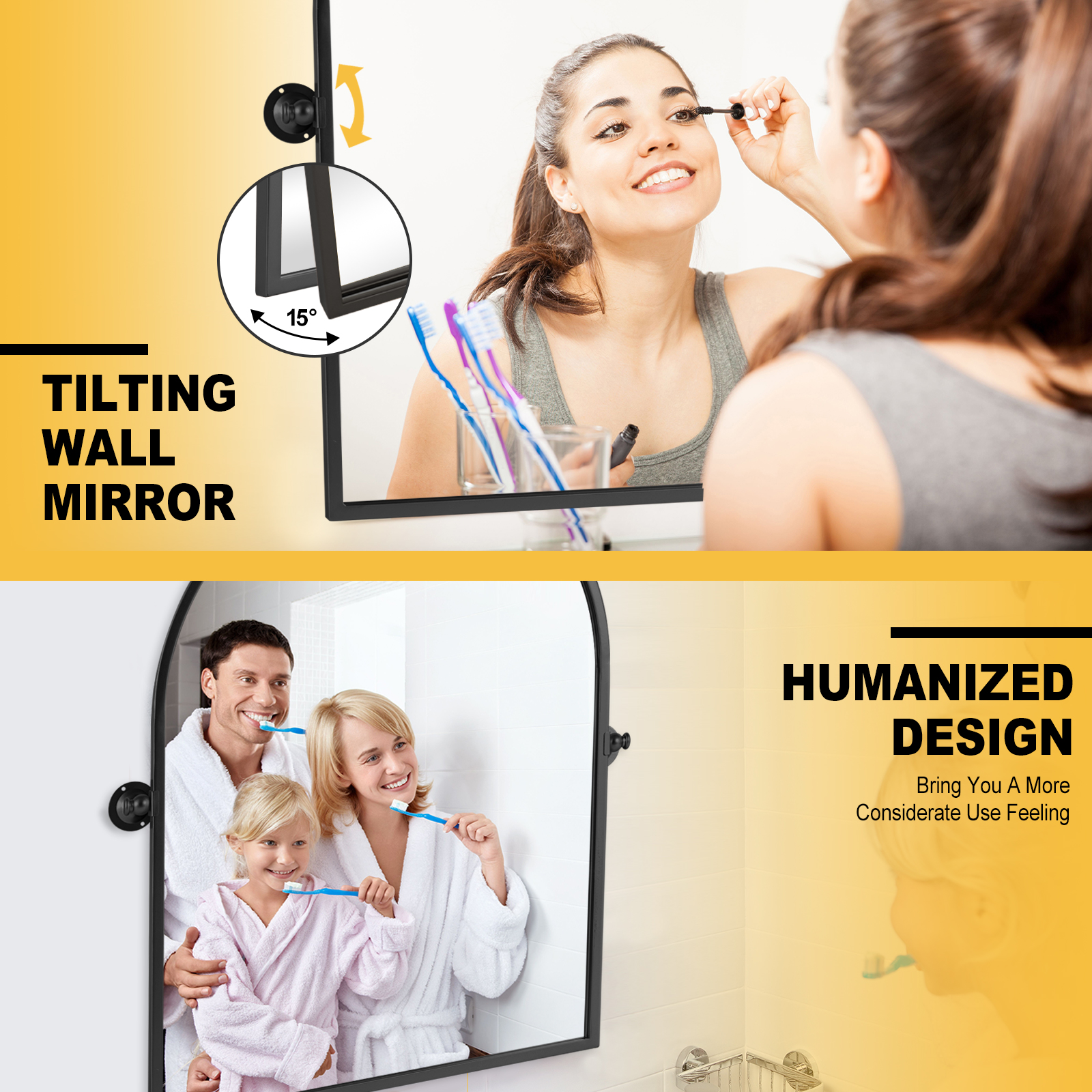 MAYEERTY Black Metal Right-Angle Arch Wall Mirror Iron Frame Decorative Hanging Mirror