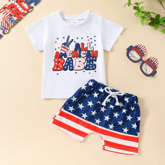 HAOTAGS 4th of July Tshirts with Shorts Set for Baby Boys, Holiday Summer Outfit Set White 2 T