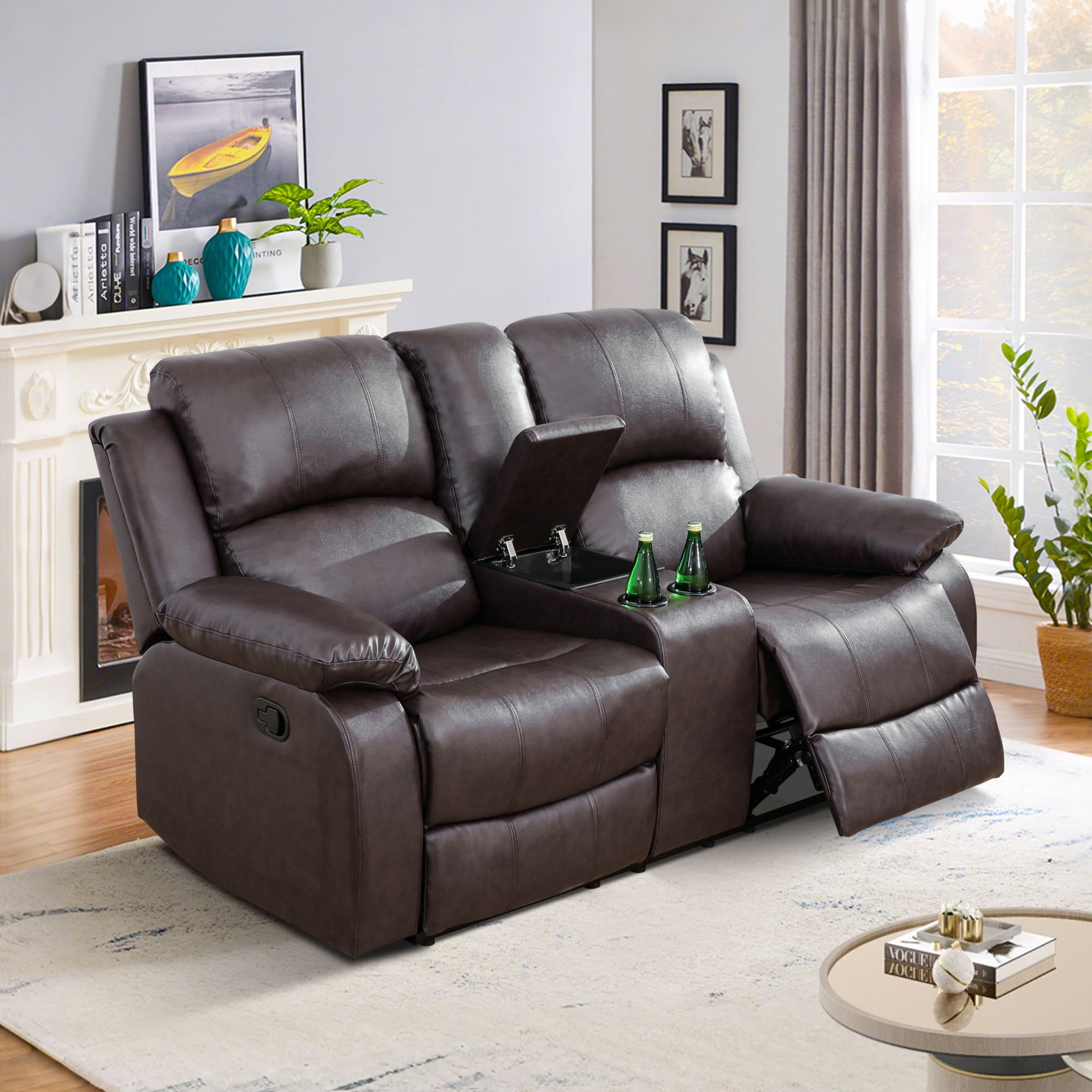 Gewnee Brown 3-Piece Living Room Air Leather Recliner Sofa Set with Console & Cup Holders