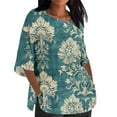 thumbnail image 2 of Nrmvnmi Linen Shirts for Women 3/4 Sleeve Plus Size Floral Prints Split Hem Tops Loose Crew Neck T Shirts Casual Three Quarter Length Tunic Tops, 2 of 5