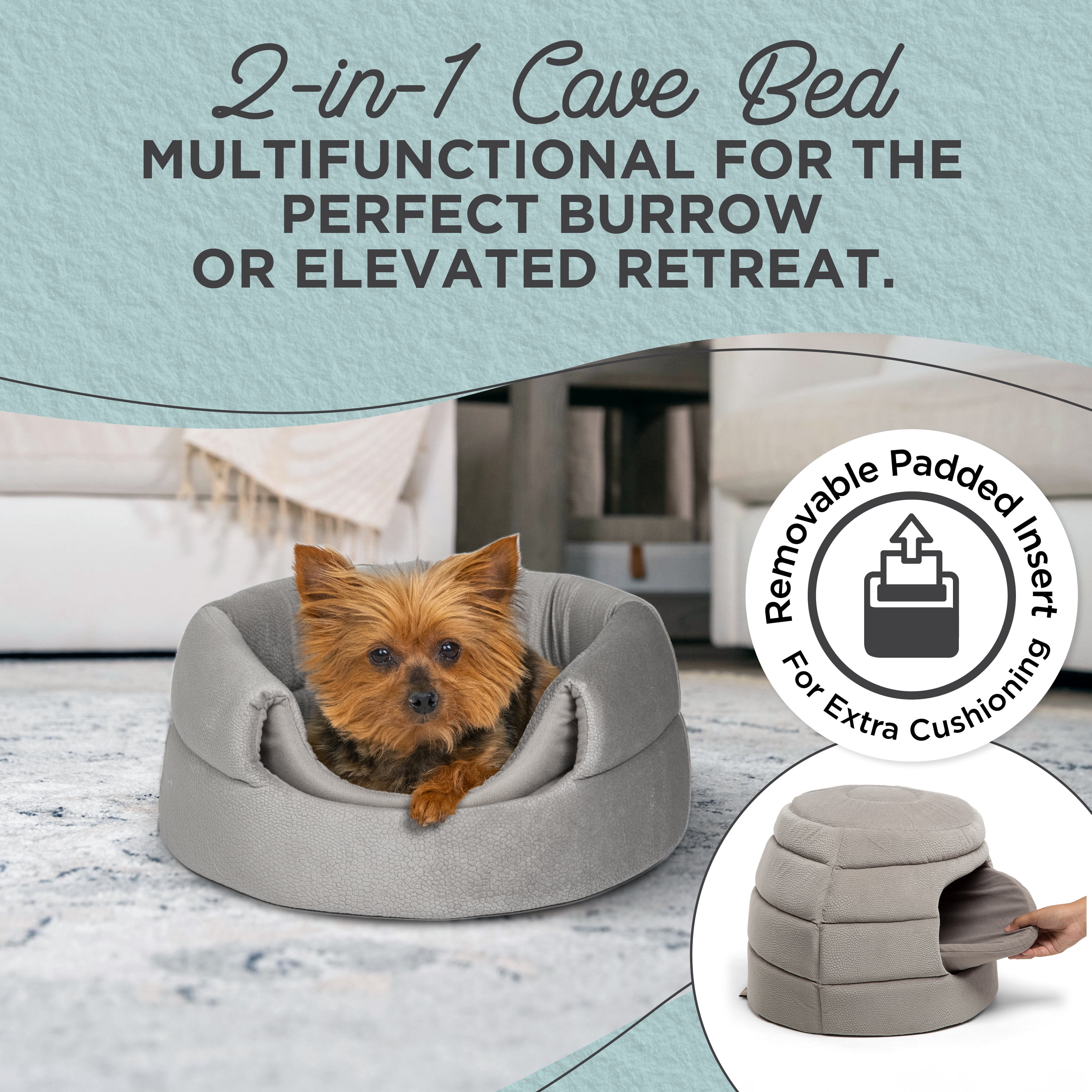 Best Friends by Sheri 2 in 1 Honeycomb Convertible Cat and Dog Cave Bed for Small Pets, Ilan Microfiber, Gray, Standard