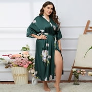 AMITOFO Long Silky Kimono Robes for Women Lightweight Silky Satin Floral Bathrobe Soft Cozy Ladies Housecoat Loungewear