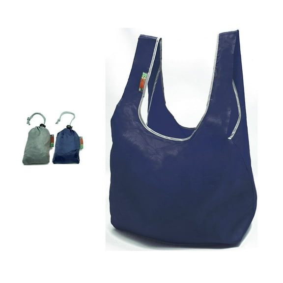 EcoJeannie® 2 Pack Super Strong Ripstop Nylon Foldable Reusable Bag Grocery Shopping Tote Bag with built-in Pouch (Gray & Navy)