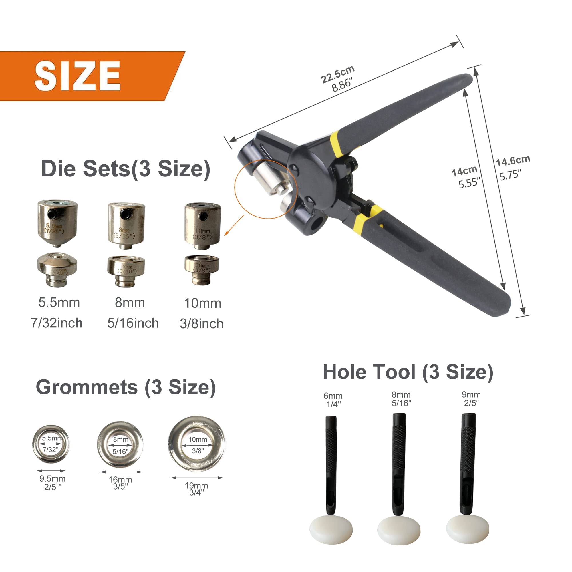 Grommet Tool Kit  Eyelet Multi-purpose Handheld Manual Hole Punch Rivet Press Plier Crimper 3 Interchangeable Dies With 900 Set 7/32" 5/16" 3/8" Metal Grommets Washers