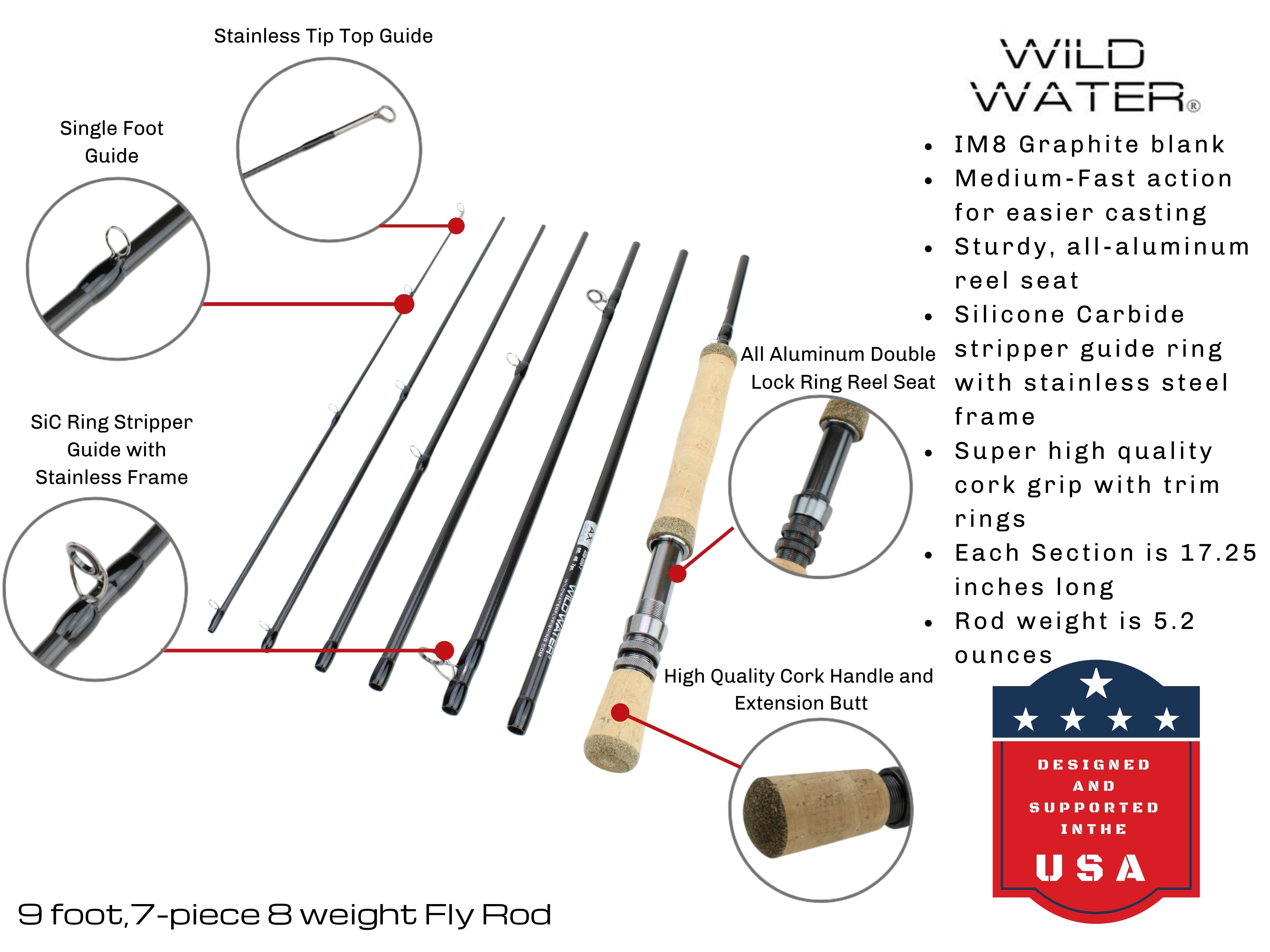 Wild Water Fly Fishing, 9 Foot, 8 Weight, 7 Piece Pack Rod and Reel, Deluxe Combo Kit, Freshwater Flies - image 2 of 6