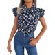 thumbnail image 1 of Top de verano para mujer, Top informal con cuello atado y manga corta con volantes, Top con estampado Floral para mujer, azul oscuro M, 1 of 8