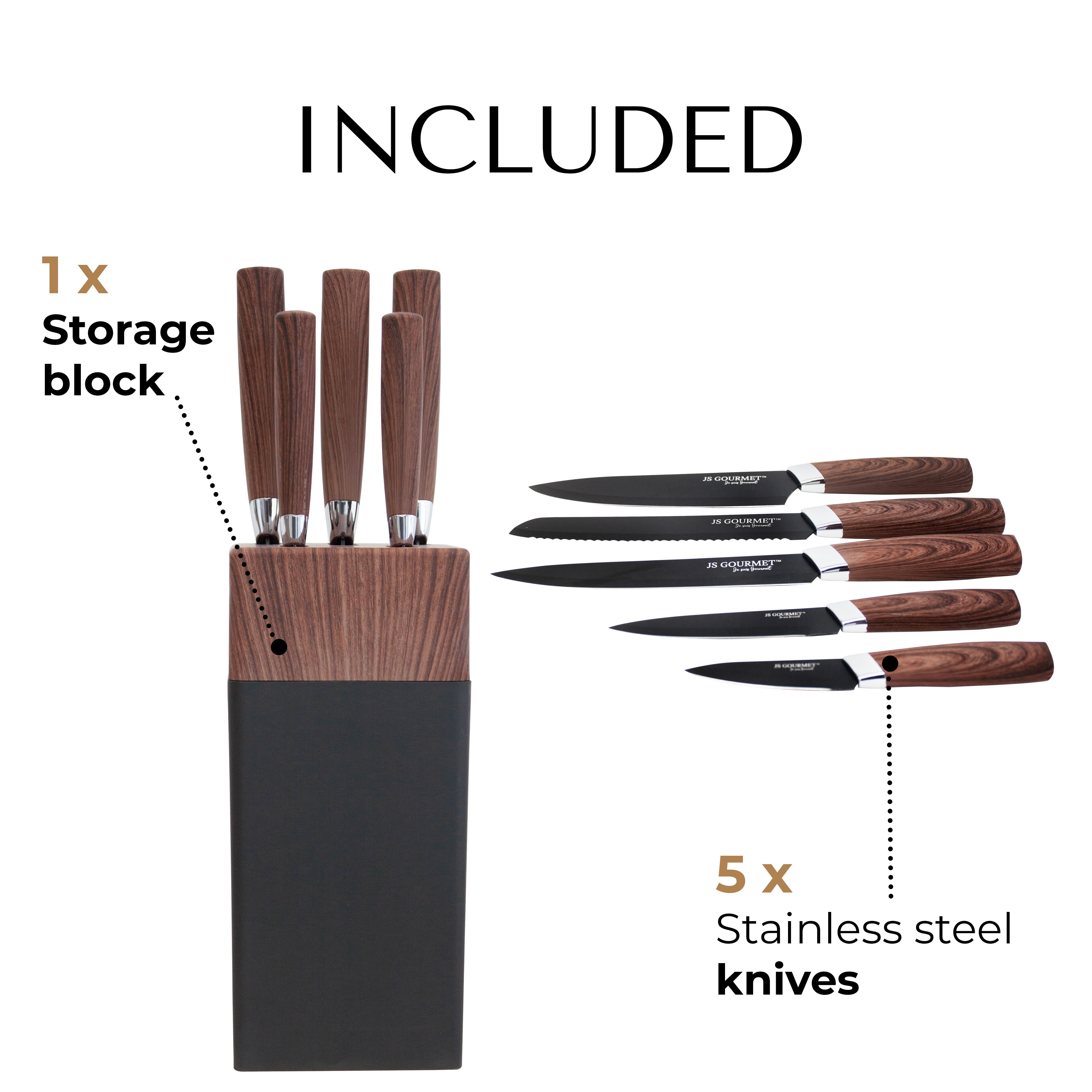 JS Gourmet 5 Piece Stainless Steel Black Knife Set with Storage Block for Kitchen