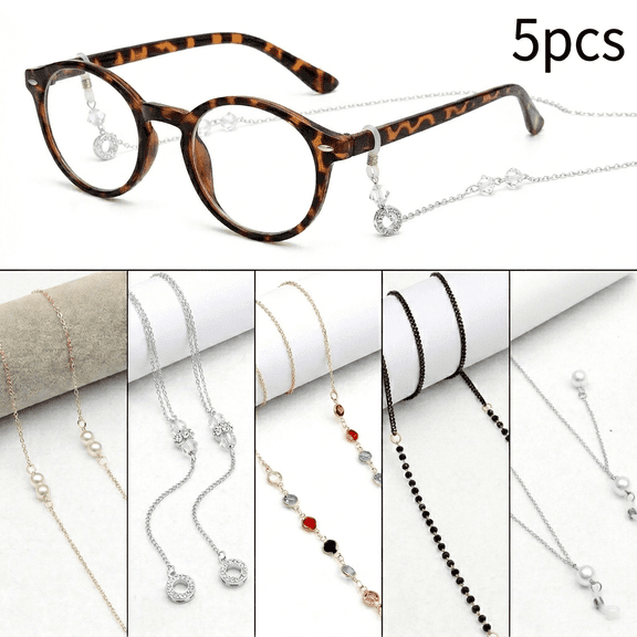 DualFerv 5-Piece Assorted Style Eyewear Chain Set, Gold Plated & Faux Pearl Decorative Glasses Lanyard, Multi-Style Eyewear Holder for Reading Glasses & Sunglasses