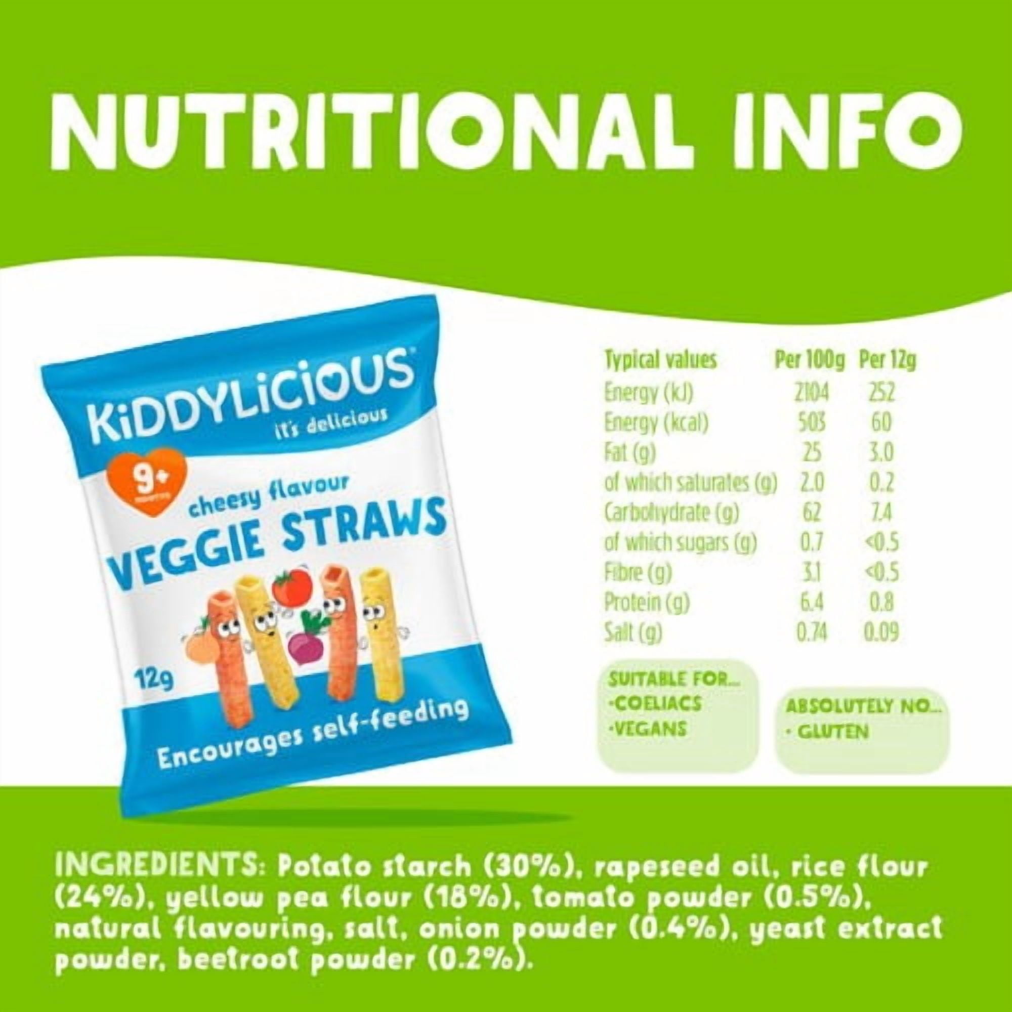 Kiddylicious Cheesy Flavoured Veggie Straws Baby Snacks Multi 4 x 12g, British Import (Pack of 3)