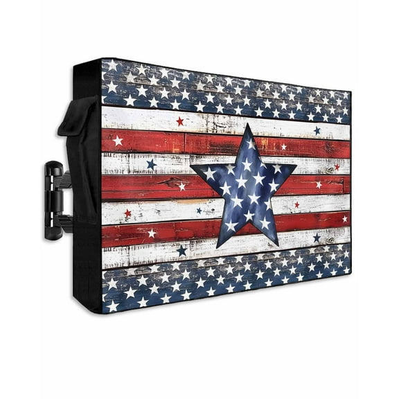 4th of July Star Outdoor TV Cover 60 to 65 Inch Weatherproof, Independence Day American Flag Vintage 600D Oxford TV Covers with Waterproof Zipper, Outside Flat TV Screen Protector 58"Wx37"Hx4.5"D