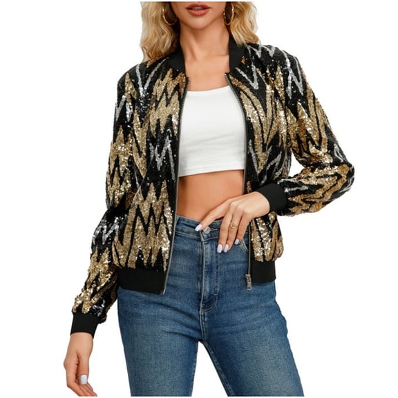 Erwazi Womens Sequin Zip Up Jacket Trendy Sparkly Lightweight Jacket Party Outerwear